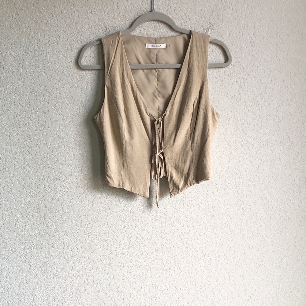 Idem Ditto Linen Blend Double Tie Front Tank Vest Top Beige